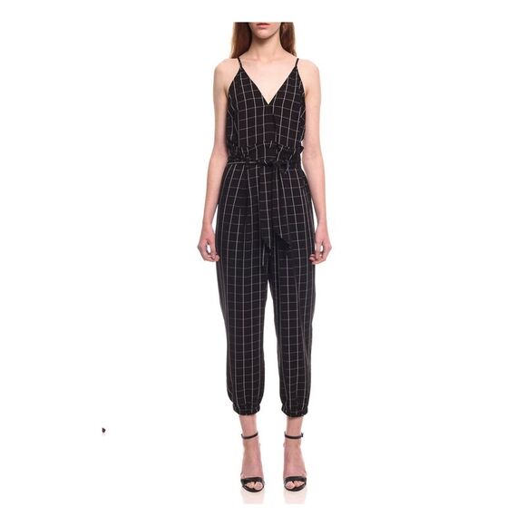 COLCCI Womens Black Plaid Spaghetti Strap V Neck Skinny Jumpsuit Size: 42